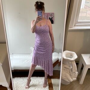 LAVENDER PINK SLIP DRESS FLOUNCED ASYMMETRIC HEM SIDE RUCHING STRETCH LINED